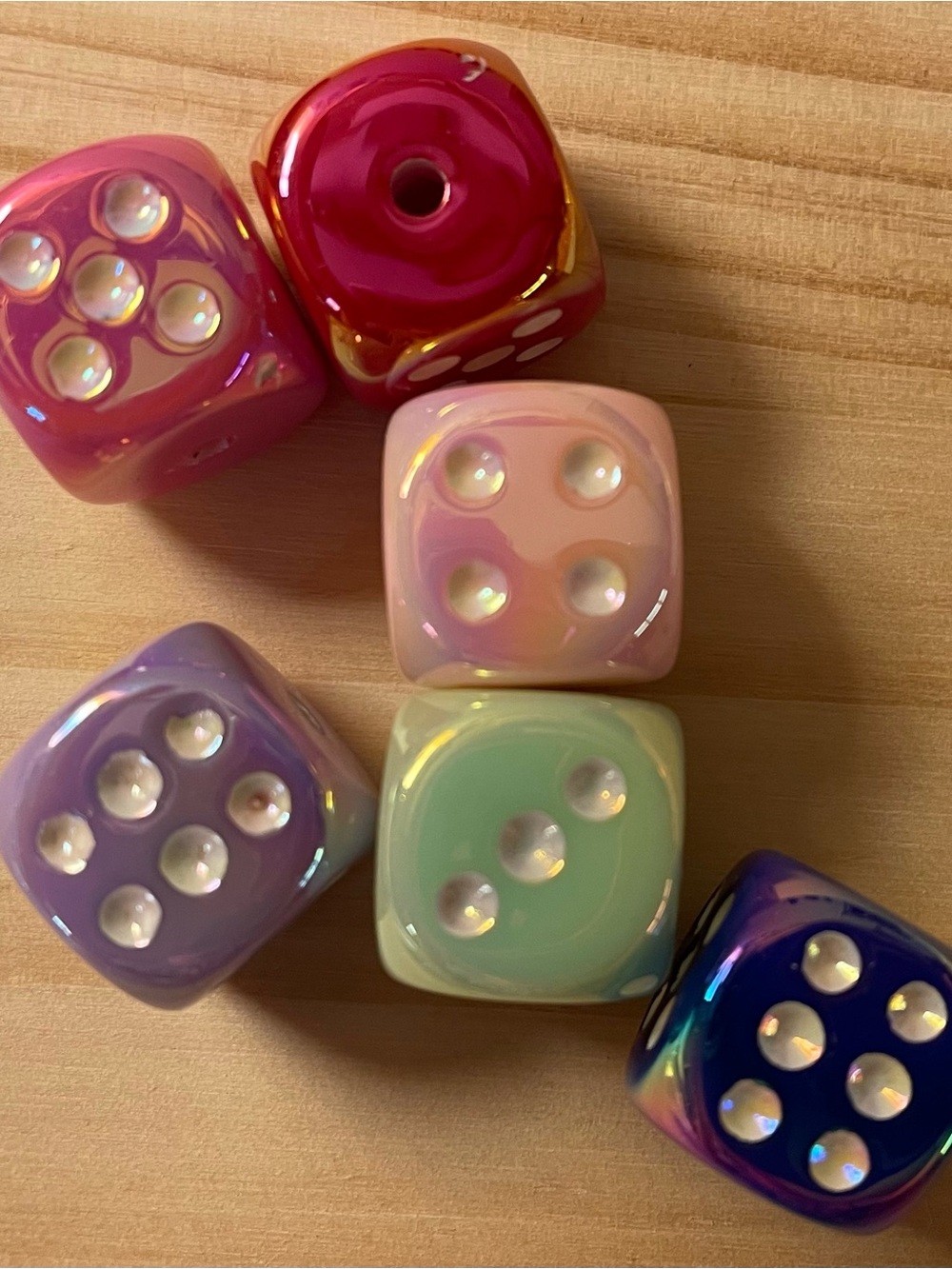 New 6 pack of dice cube beads. Iridescent colors, large hole for pen making.
